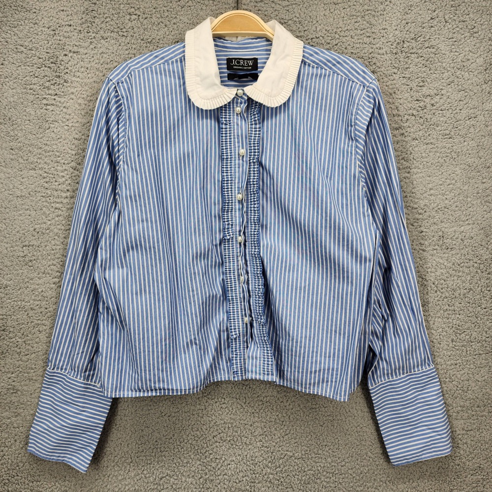 J.Crew Garcon Organic Cotton Striped Ruffle Shirt Pearl Button Blue White 10